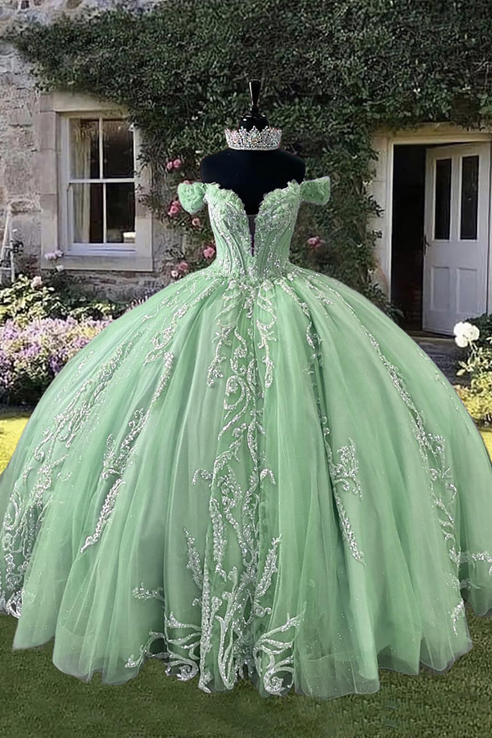 Long Off-the-Shoulder Princess Ball Gown in Sparkly Pink for Quinceanera