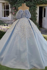 Off-the-Shoulder Purple Satin Ball Gown with Appliques for Quinceanera