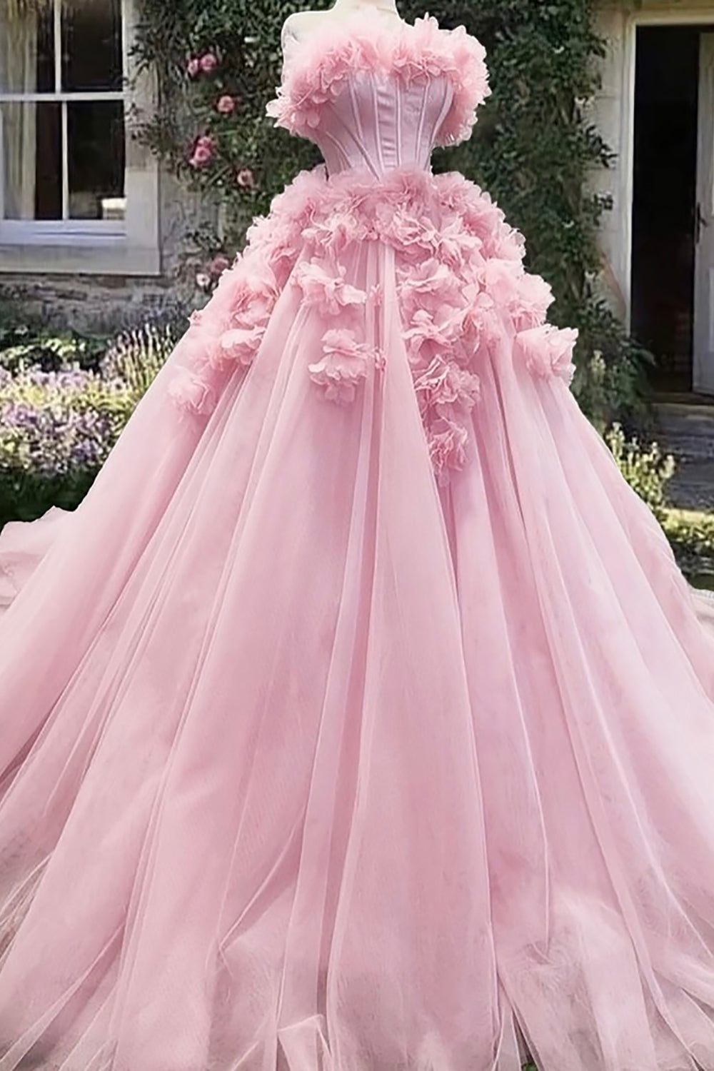Pink Floral Princess Corset Ball Gown with Long Tulle Quinceanera Dress