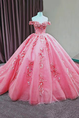 Long Off-The-Shoulder Pink Sparkly Ball Gown with Appliques for Princess Quinceanera