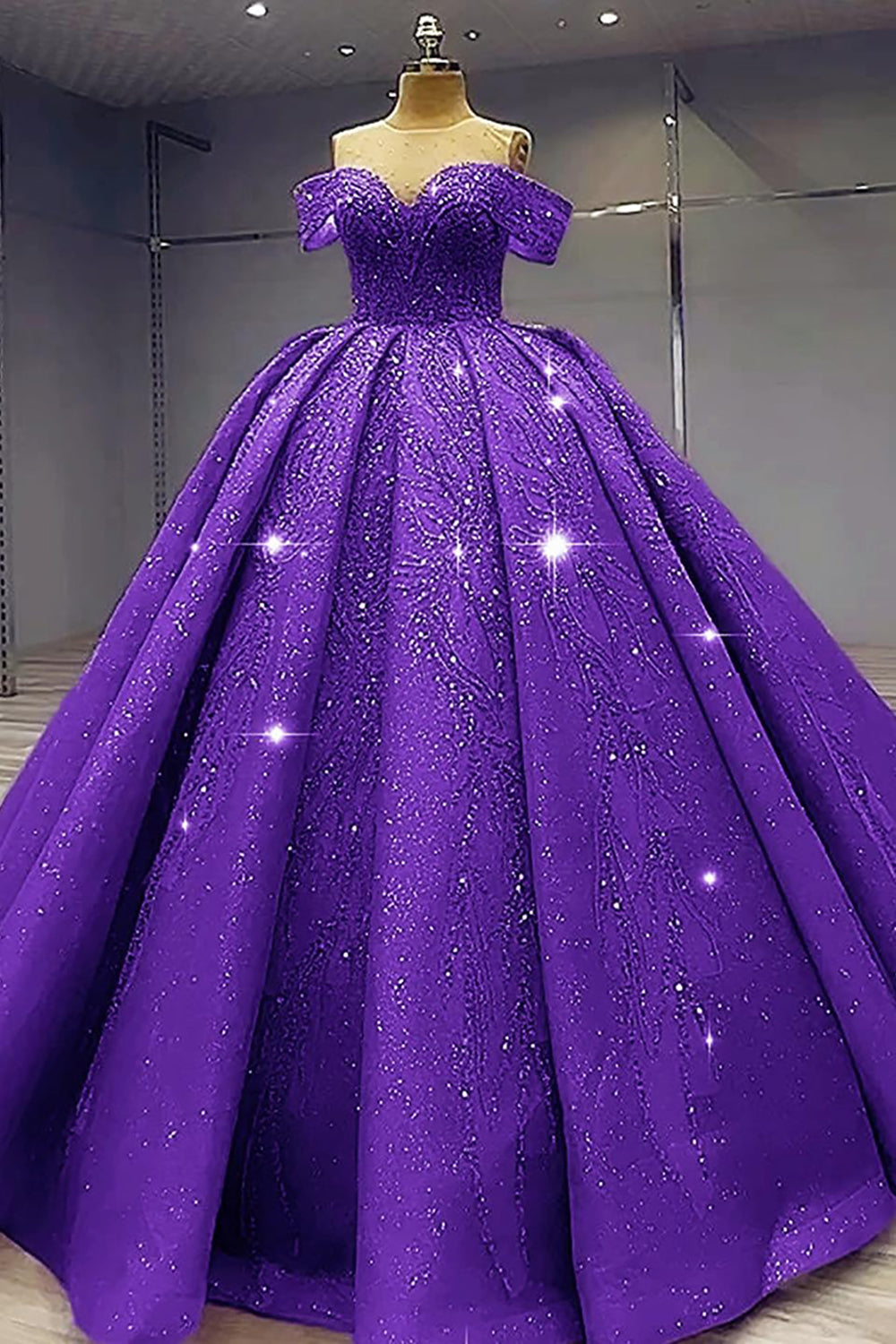 Beaded Off-the-Shoulder Purple Sparkly Long Ball Gown for Quinceanera Princess