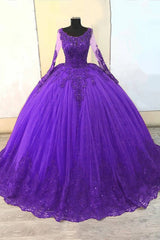 Quinceanera Dress with Sparkly Purple Princess Ball Gown Long Sleeves and Appliques