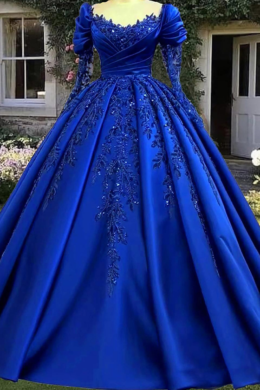 Princess Quinceanera Dress with Sparkly Royal Blue Ruched Applique and Long Sleeves