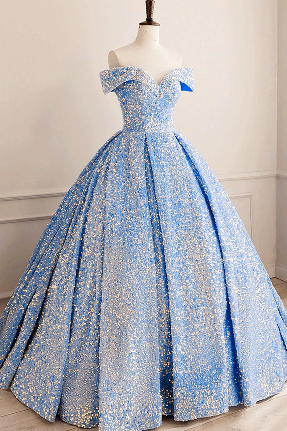 Long Princess Quinceanera Dress with Sparkly Blue Ruched Sequins
