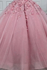 Pink Princess Glitter Ball Gown with V-Neck and Long Applique Quinceanera Dress