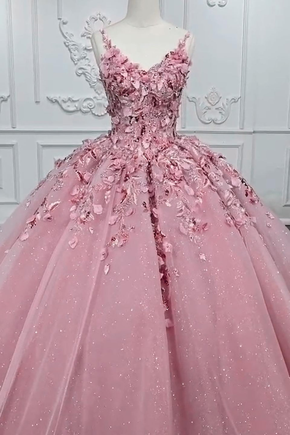 Pink Princess Glitter Ball Gown with V-Neck and Long Applique Quinceanera Dress