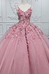 Pink Princess Glitter Ball Gown with V-Neck and Long Applique Quinceanera Dress