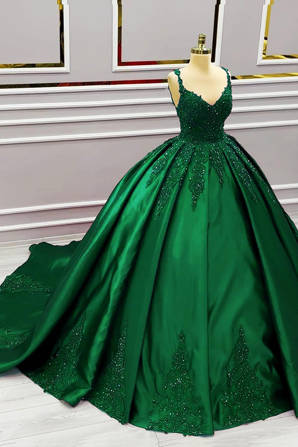 Long Dark Green Satin Princess Quinceanera Dress with Sparkly Ruched Ball Gown Applique
