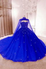 Long Beaded Navy Tulle Princess Ball Gown with Sparkly Cape for Quinceanera