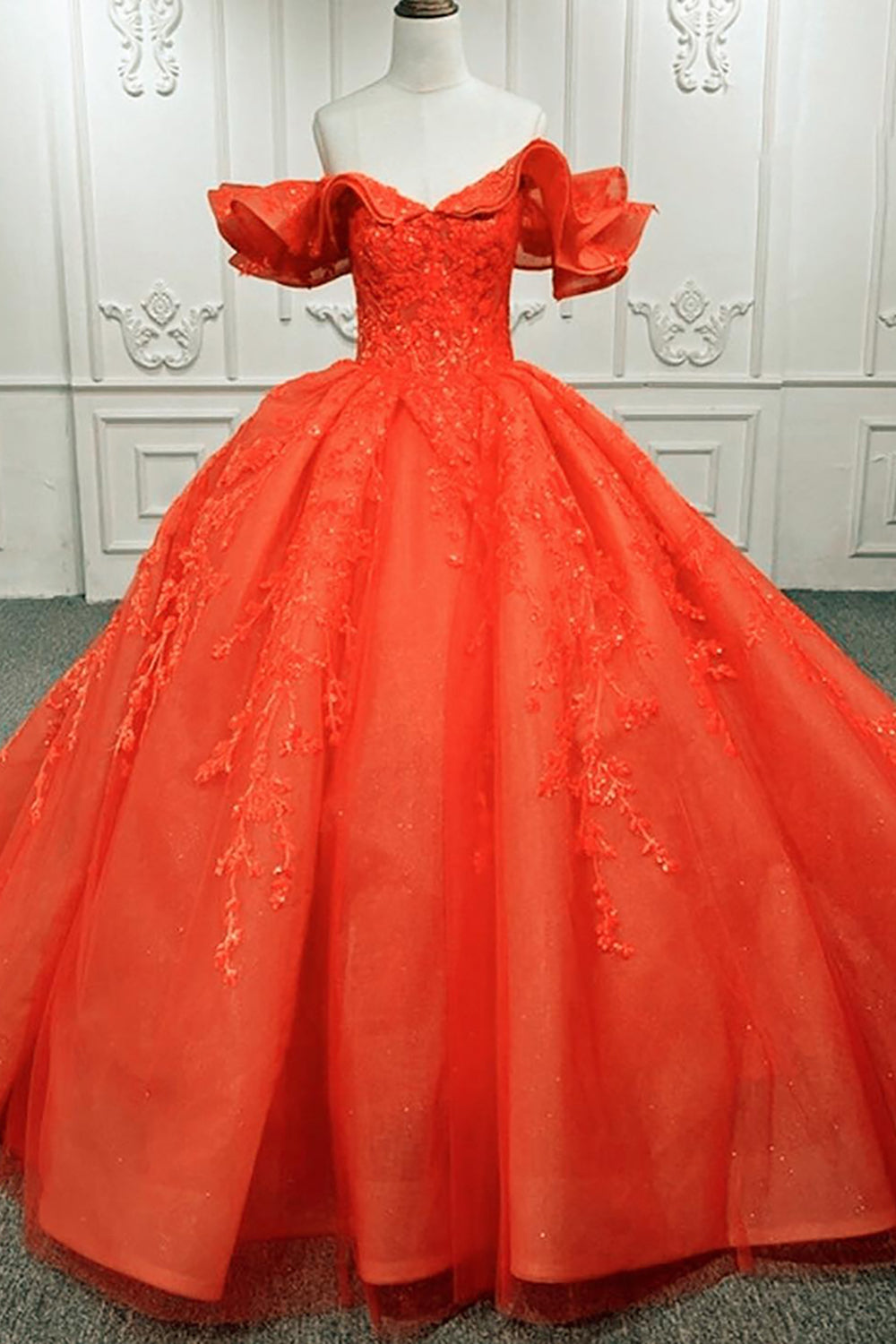 Off-the-shoulder red ball gown with applique and ruffles for princess quinceanera