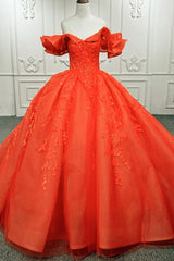 Off-the-shoulder red ball gown with applique and ruffles for princess quinceanera