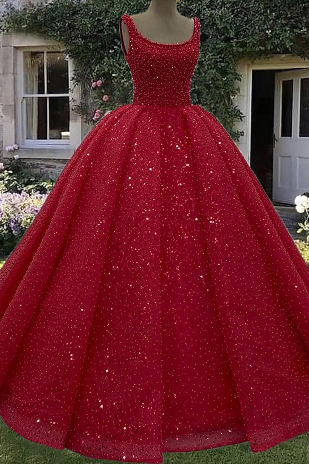 Royal Blue Sparkly Scoop Neck Ball Gown with Sequins for Quinceanera