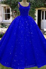 Royal Blue Sparkly Scoop Neck Ball Gown with Sequins for Quinceanera