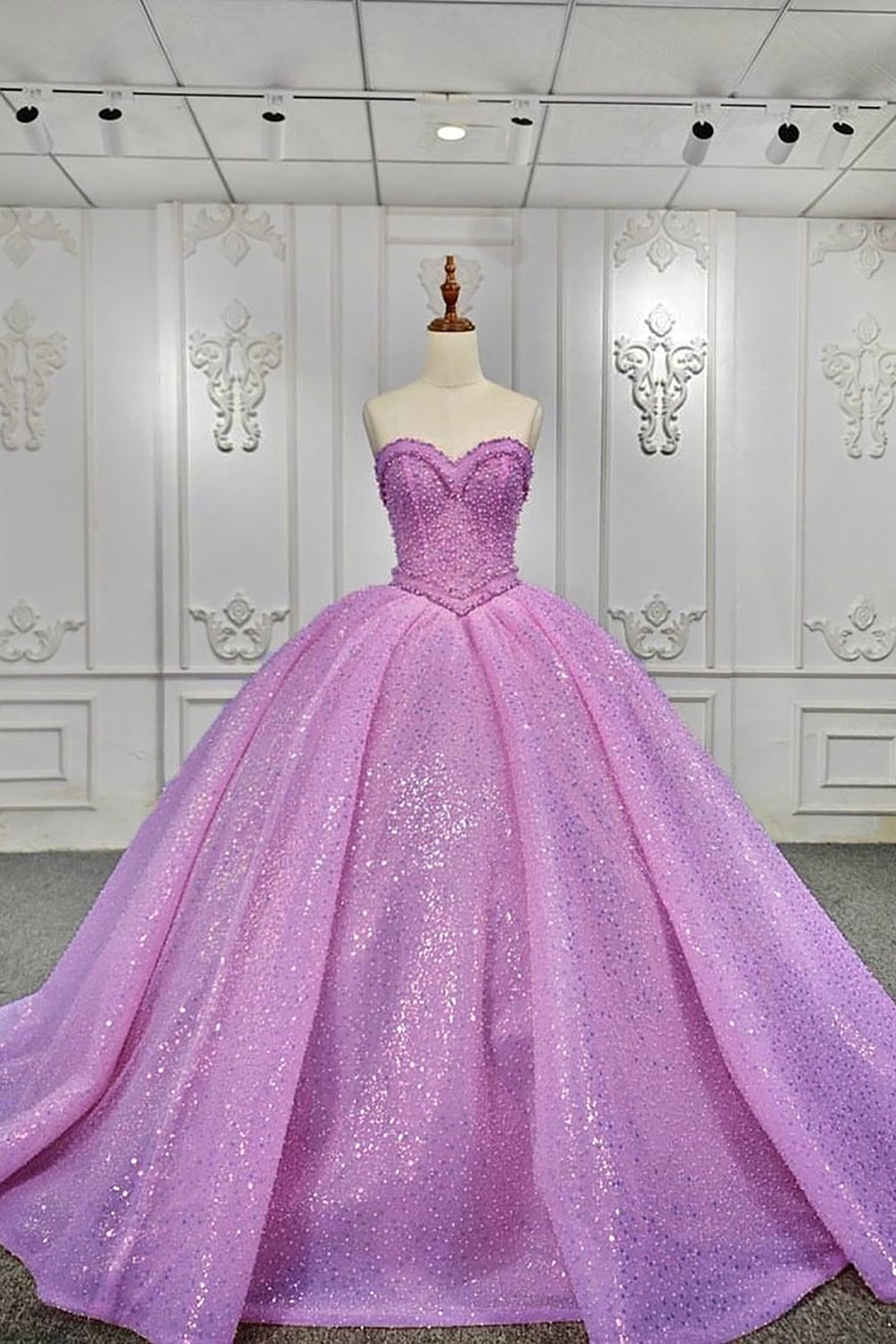 Long Princess Quinceanera Dress with Sparkly Purple Sequins and Sweetheart Corset