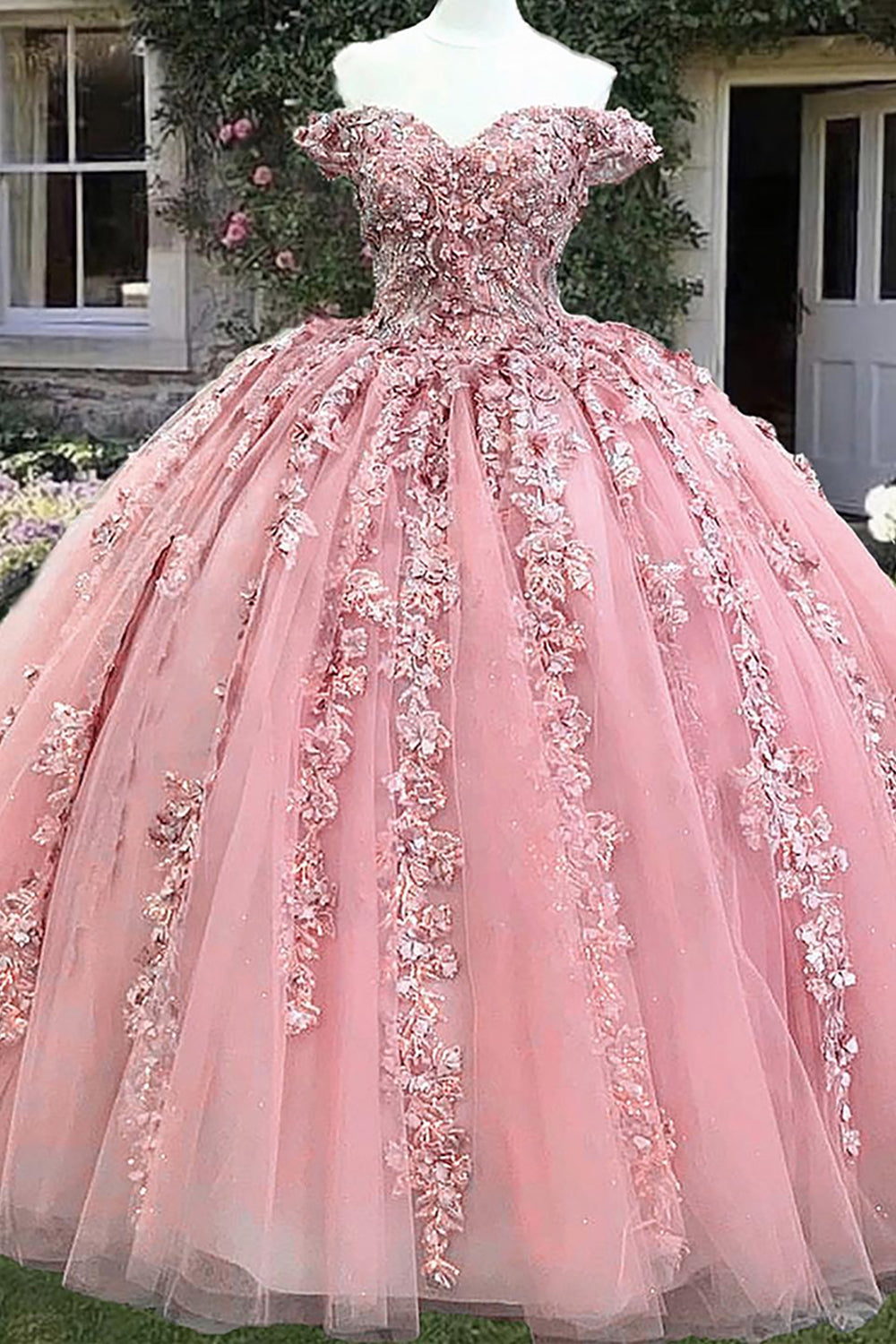 Long Pink Sparkly Quinceanera Princess Dress with Tulle and Appliques