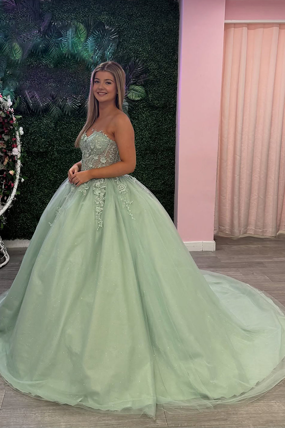 Sweetheart Princess Quinceanera Ball Gown in Sage with Lace and Tulle Corset