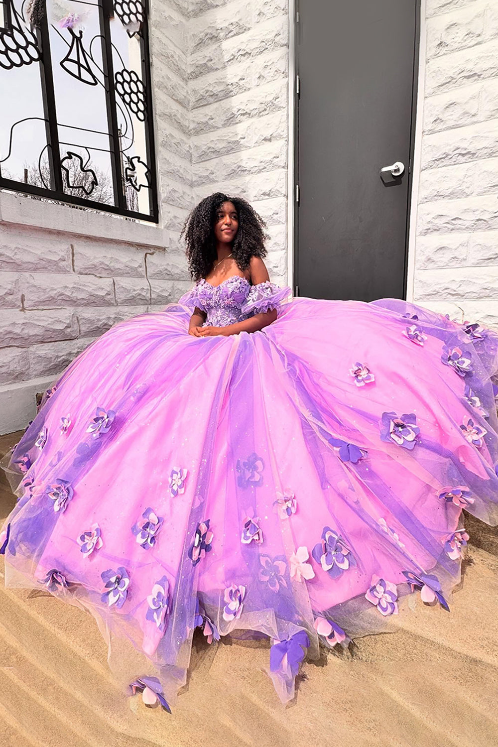 Long Lilac Quinceanera Princess Ball Gown in Sparkly Tulle with Ruffles