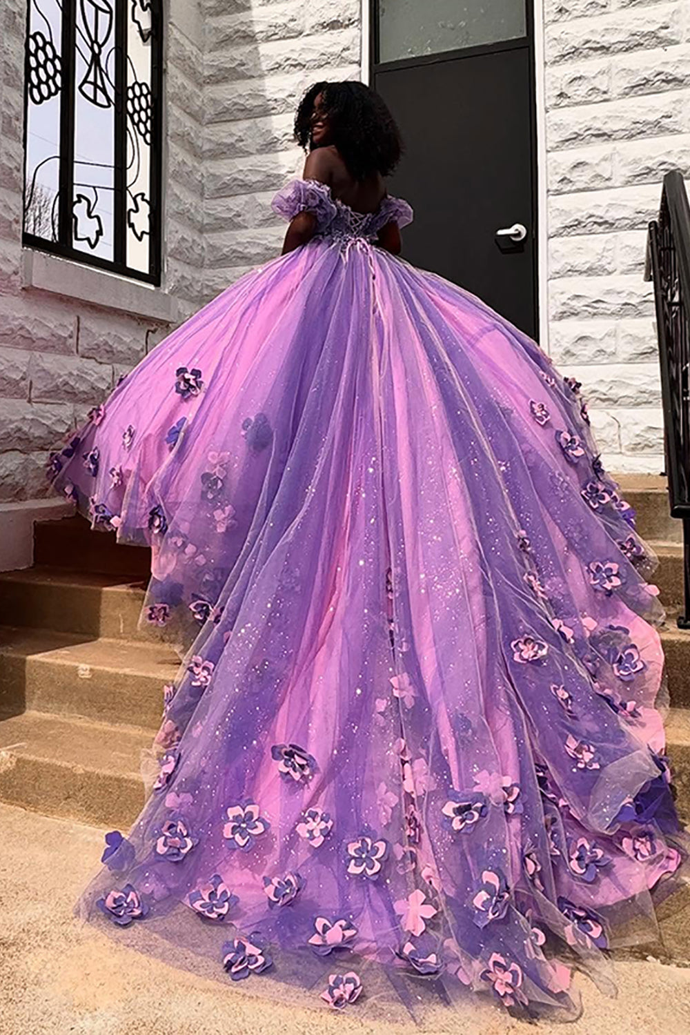 Long Lilac Quinceanera Princess Ball Gown in Sparkly Tulle with Ruffles