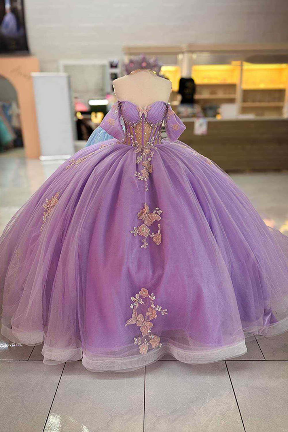 Lilac Butterfly Ball Gown with Sparkly Off-Shoulder Design for Quinceanera