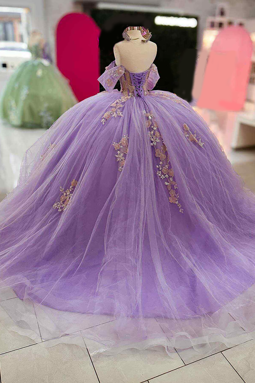 Lilac Butterfly Ball Gown with Sparkly Off-Shoulder Design for Quinceanera