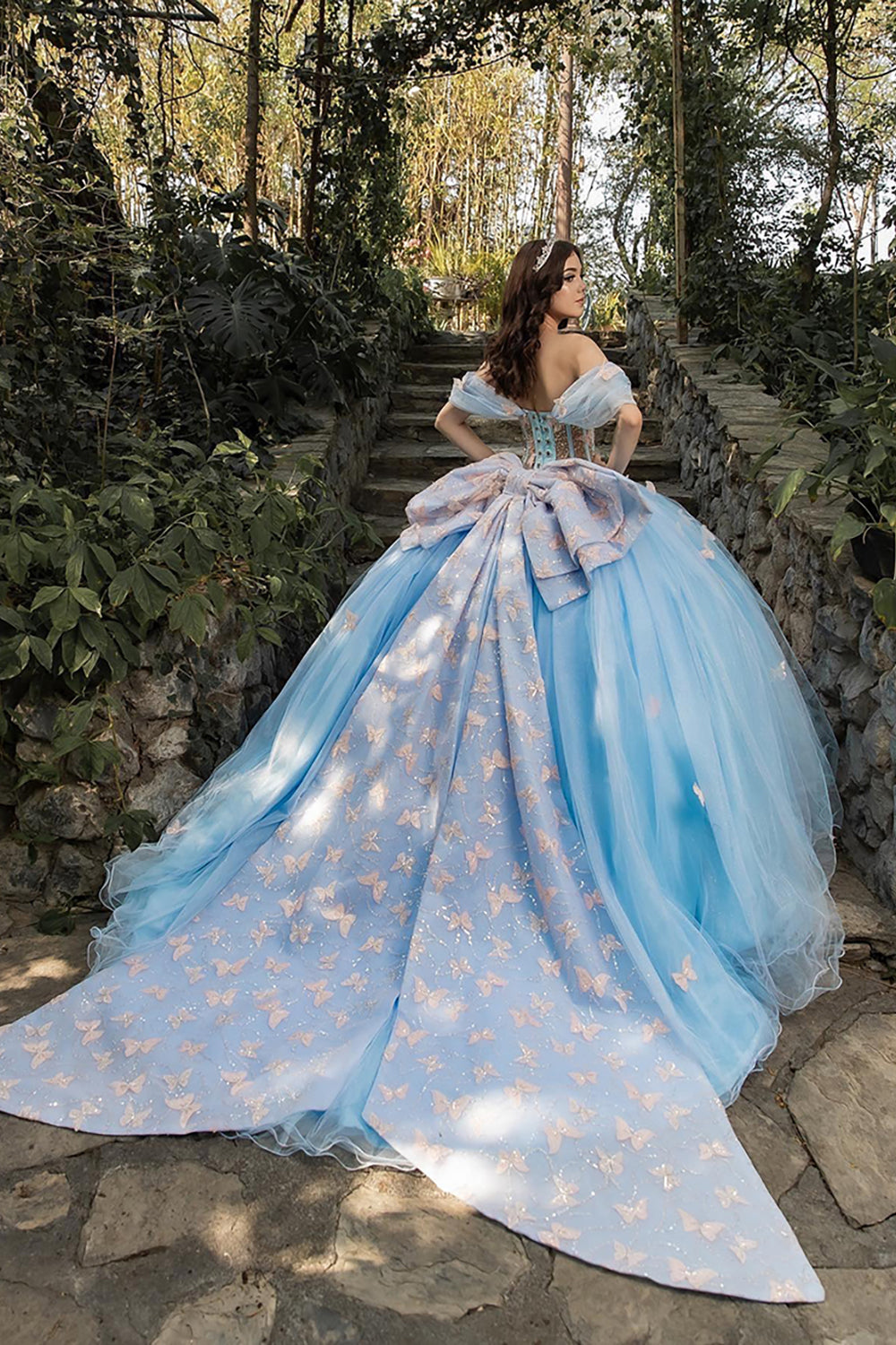Long Princess Quinceanera Dress in Sparkly Light Blue with Corset Butterfly Ball Gown