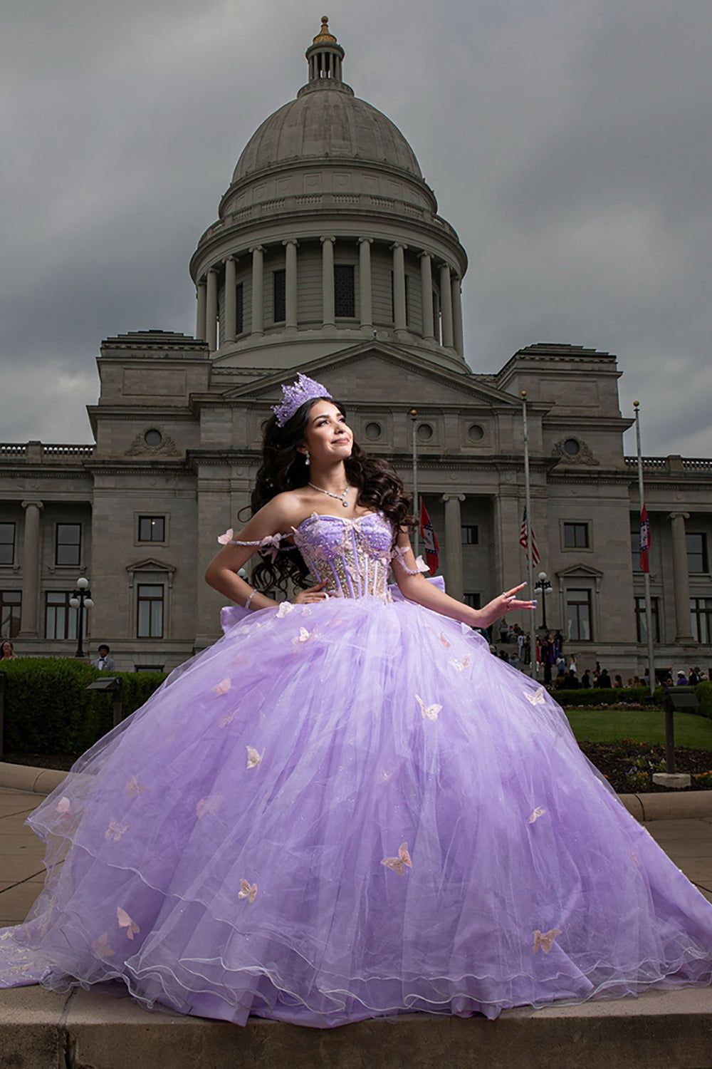 Long Lilac Quinceanera Ball Gown with Sparkly Tulle Butterfly Corset and Bow
