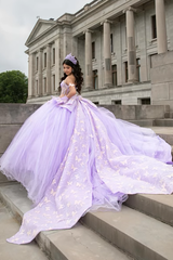 Long Lilac Quinceanera Ball Gown with Sparkly Tulle Butterfly Corset and Bow