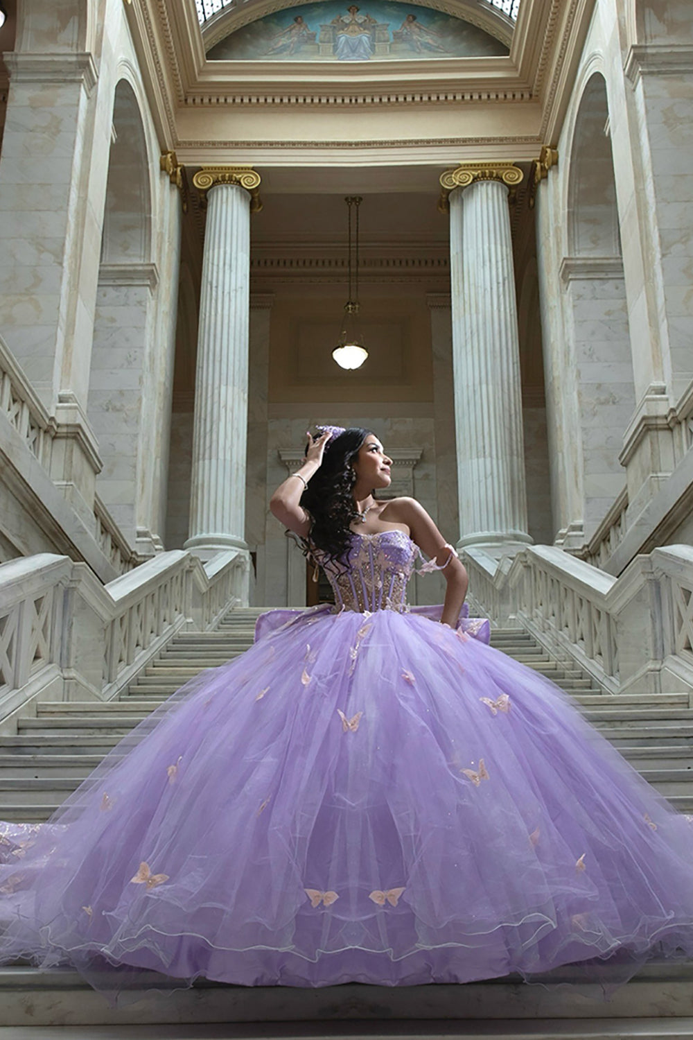 Long Lilac Quinceanera Ball Gown with Sparkly Tulle Butterfly Corset and Bow