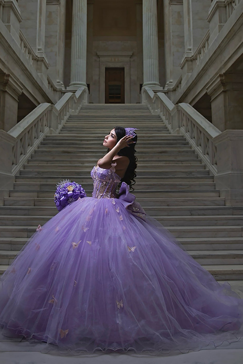 Long Lilac Quinceanera Ball Gown with Sparkly Tulle Butterfly Corset and Bow