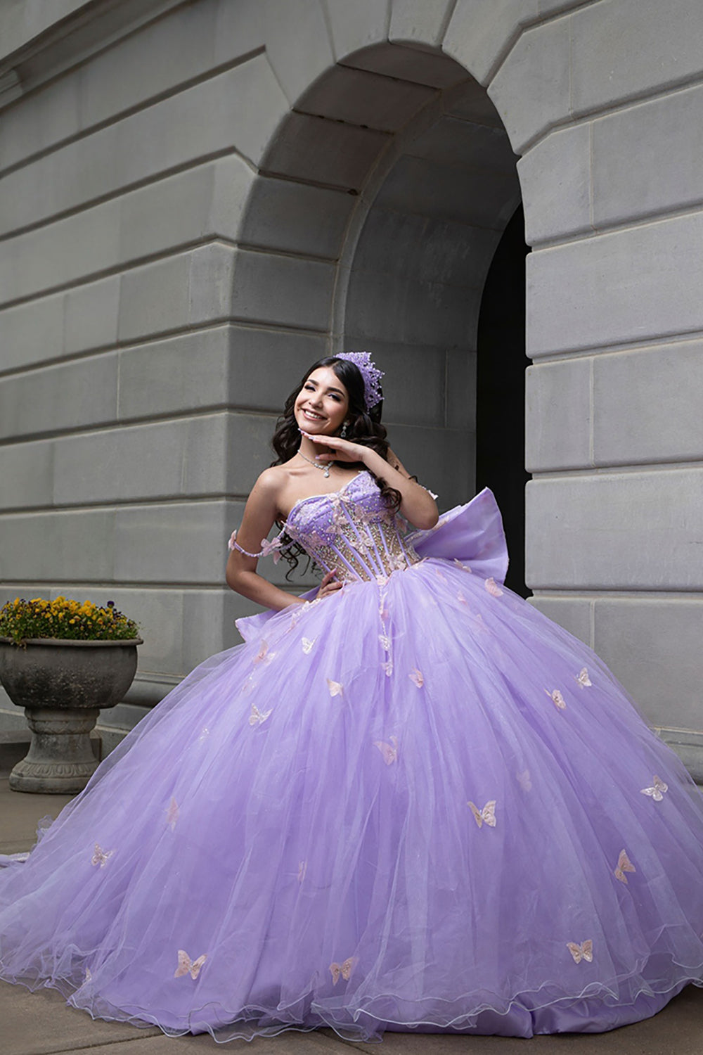 Long Lilac Quinceanera Ball Gown with Sparkly Tulle Butterfly Corset and Bow