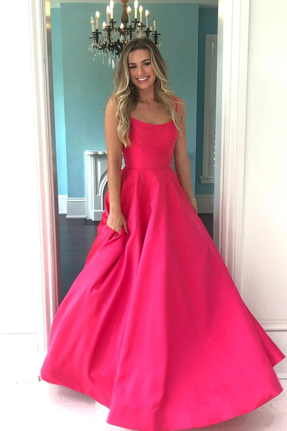 Long A-Line Prom Dress with Hot Pink Sparkly Sequin Straps