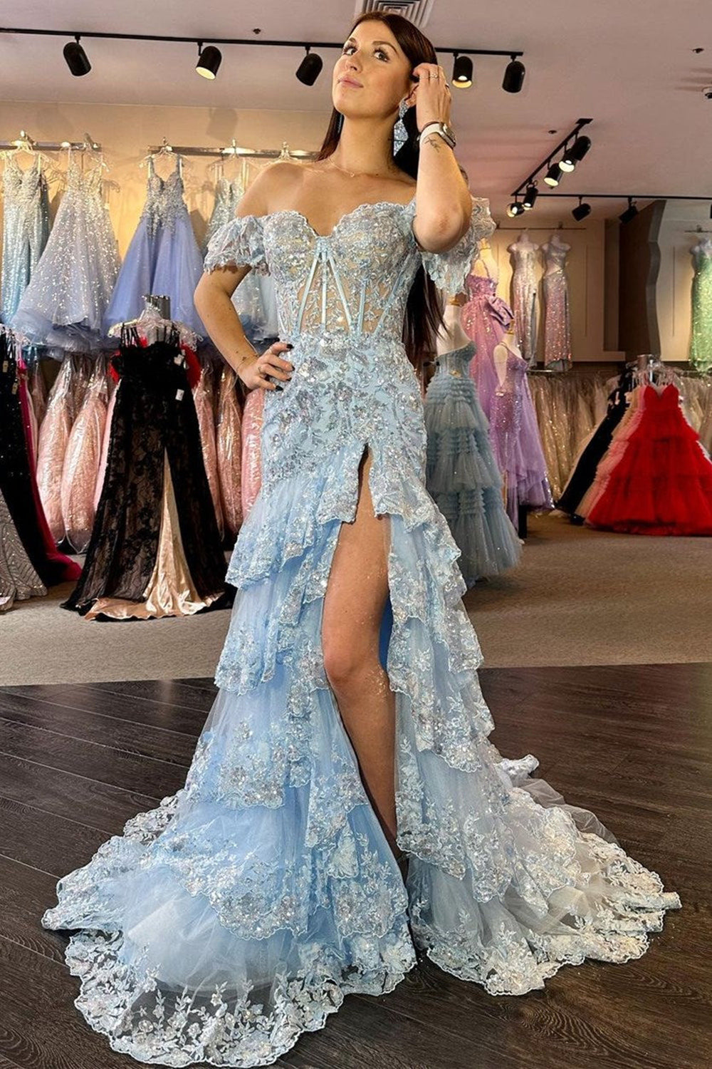 Elegant Navy Mermaid Prom Dress with Off-Shoulder Lace Ruffles