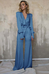 Charming Long Sleeves White V-Neck Long Jump Suit With Belt