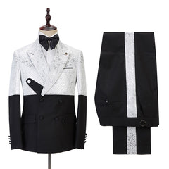 Handsome Black and White Peaked Lapel Marriage Blazer Suit with Jacquard