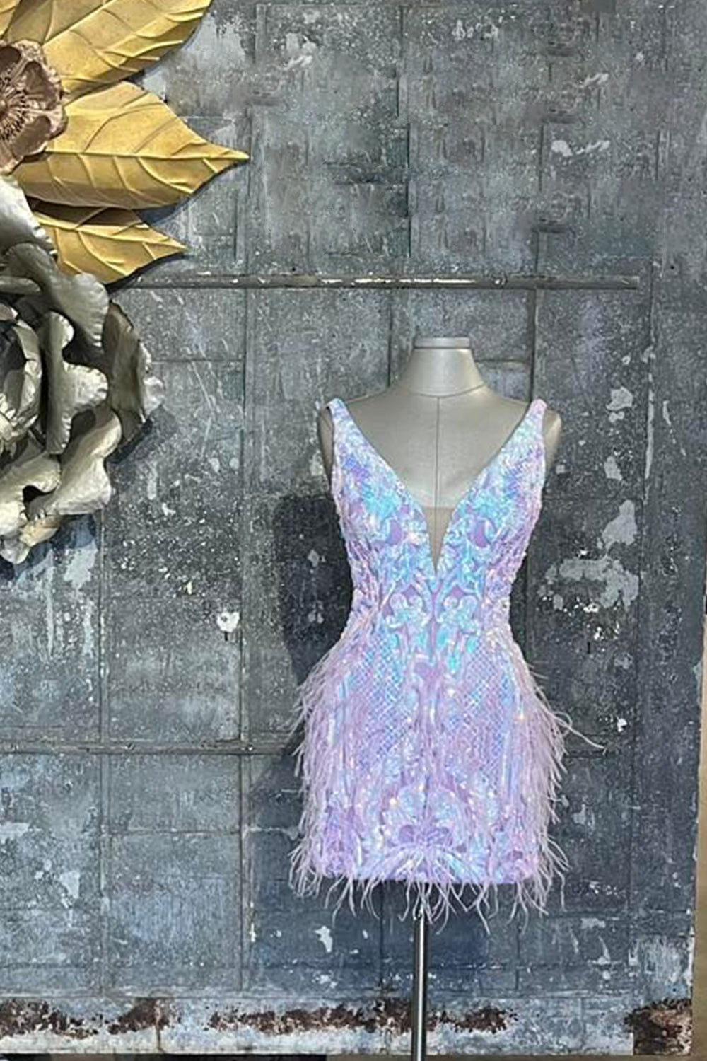 Glitter Blue Sequined Tight Short Homecoming Dress/Mini Dress with Feathers