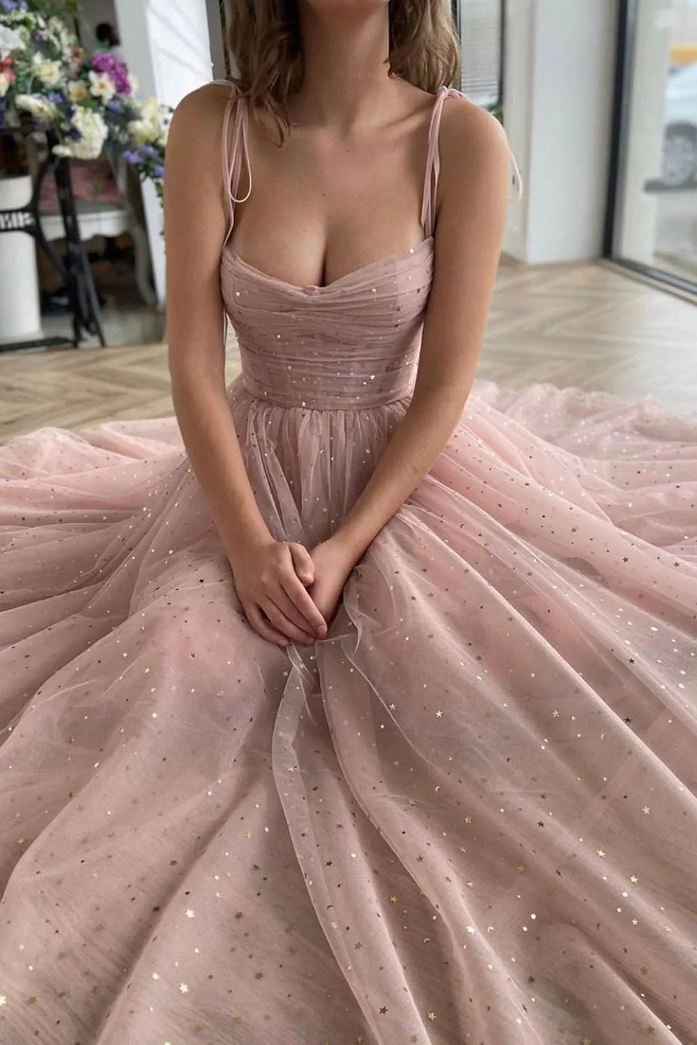 Blush Tea-Length Prom Dress with Spaghetti Straps in A-Line Silhouette