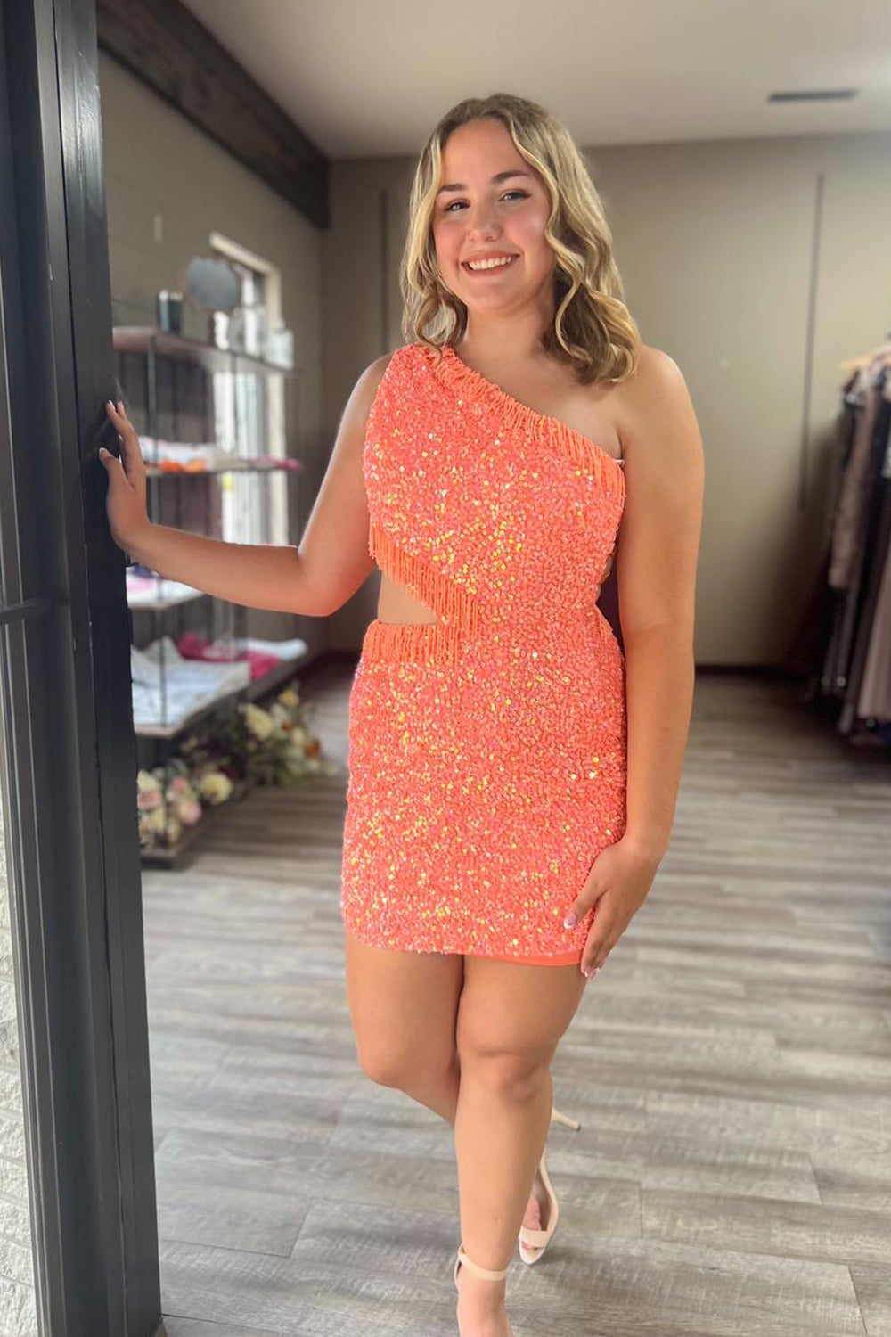 Sparkly Fuchsia Sequins Fringed Cut Out Tight Short Homecoming Dress/Mini Dress
