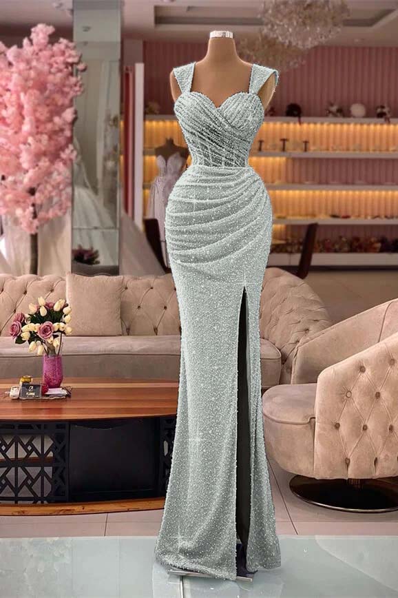Classic Mermaid Sequins Sweetheart Split Straps Evening Dress With Pleated