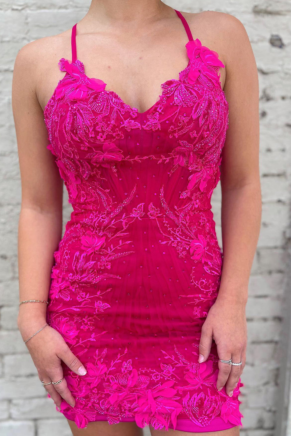 Sparkly Fuchsia Tight Short Homecoming Dress/Mini Dress with Appliques