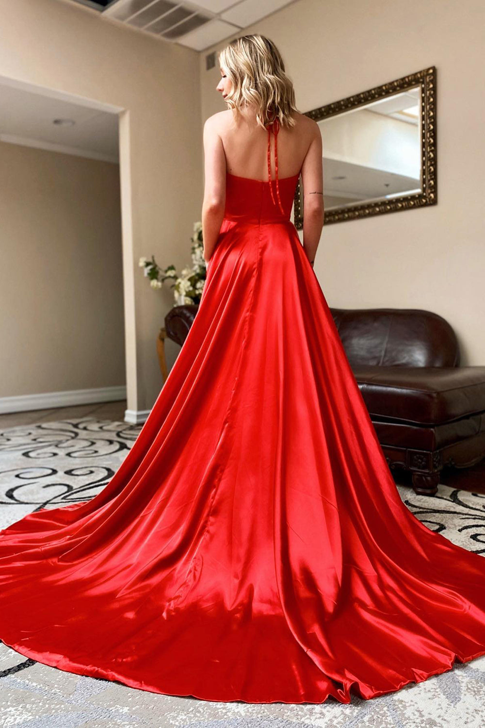 Simple V-Neck A-Line Prom Dress in Red with Halter Neck and Pockets