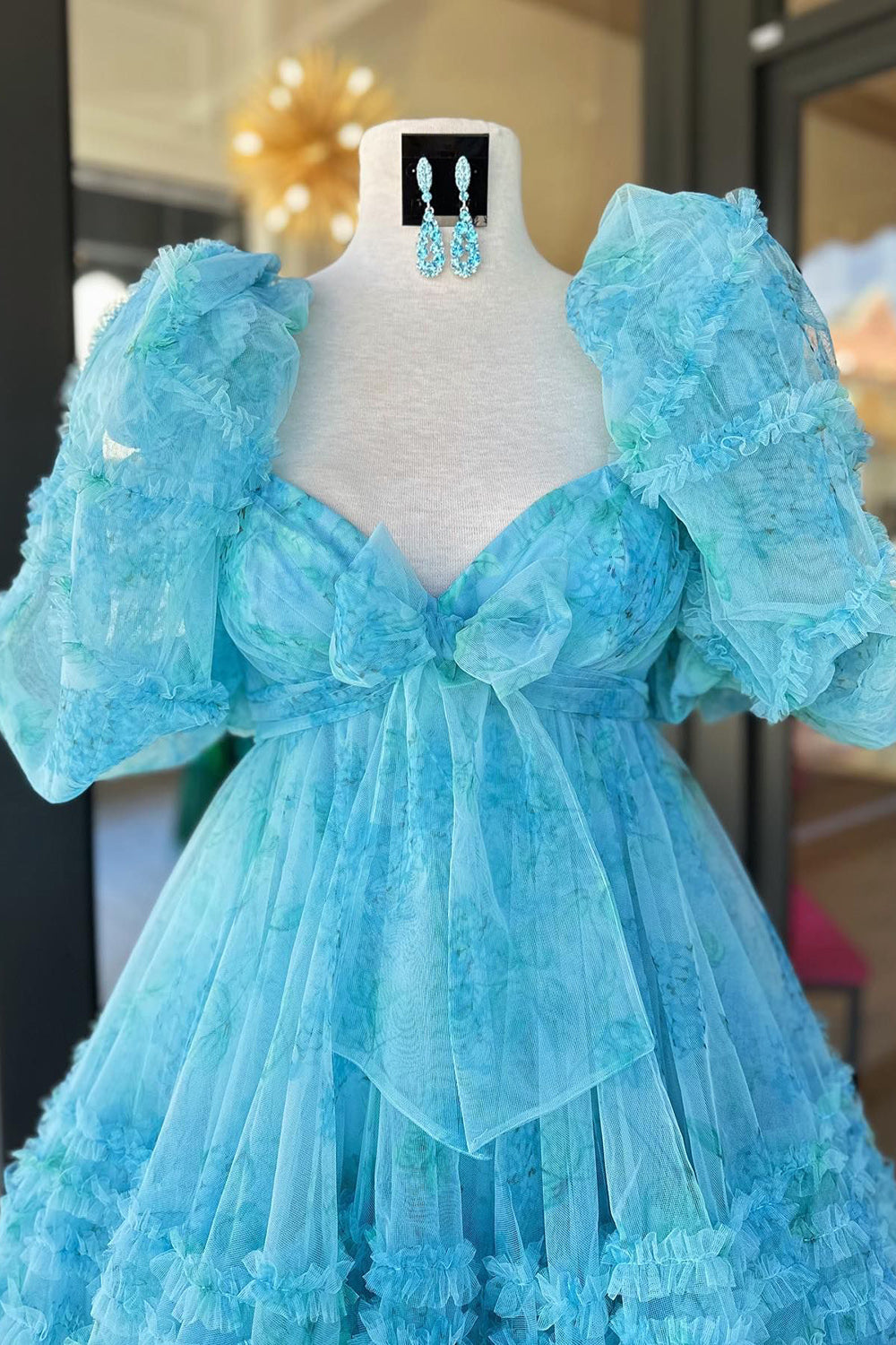 Ivory Puff Sleeves A-Line Floral Short Homecoming Dress/Mini Dress with Ruffles