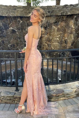 Long Strapless Prom Dress in Pink with Lace and Slit