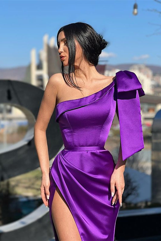Purple Mermaid One-Shoulder Long Evening Dress With Split