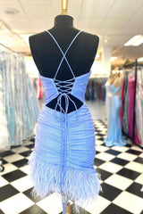 Glitter Light Blue Feathered Tight Short Homecoming Dress/Mini Dress