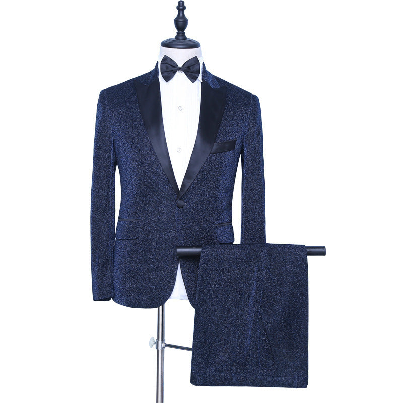 Modern Dark Navy Sparkly Wedding Suit for Groom with Peaked Lapel