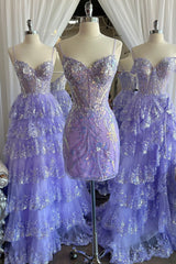 Glitter Lilac Corset Sequins Tight Short Homecoming Dress/Mini Dress with Appliques