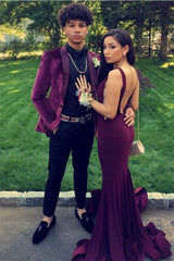 Casual Burgundy Velvet Peak Lapel Two-Piece Prom Suit for Party