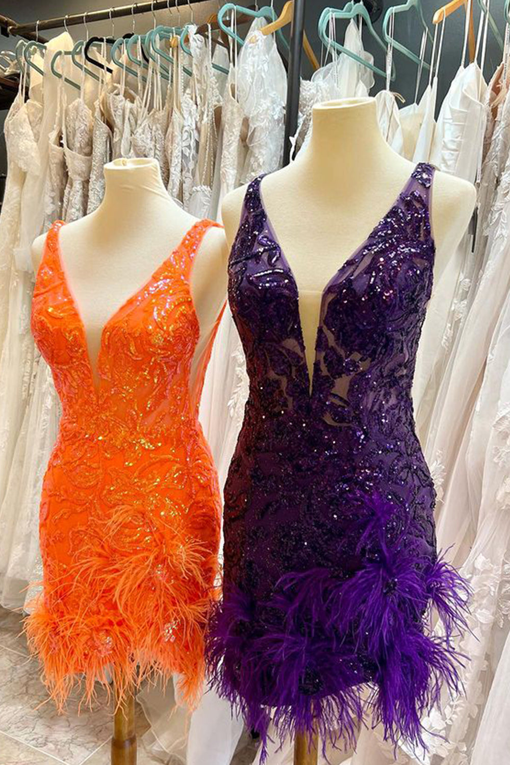 Sparkly Fuchsia Sequins Tight Short Homecoming Dress/Mini Dress with Feathers