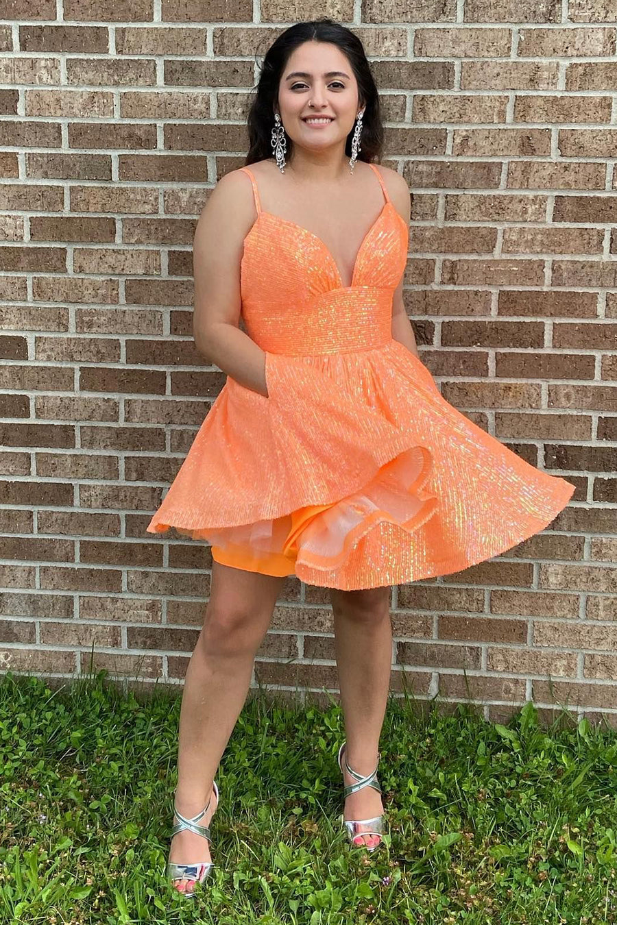 Glitter Hot Pink A-Line Short Homecoming Dress/Mini Dress with Pockets