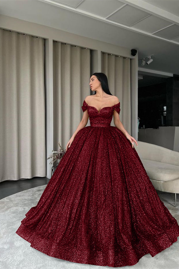 Off-The-Shoulder Green Ball Gown Evening Dress With Sequins